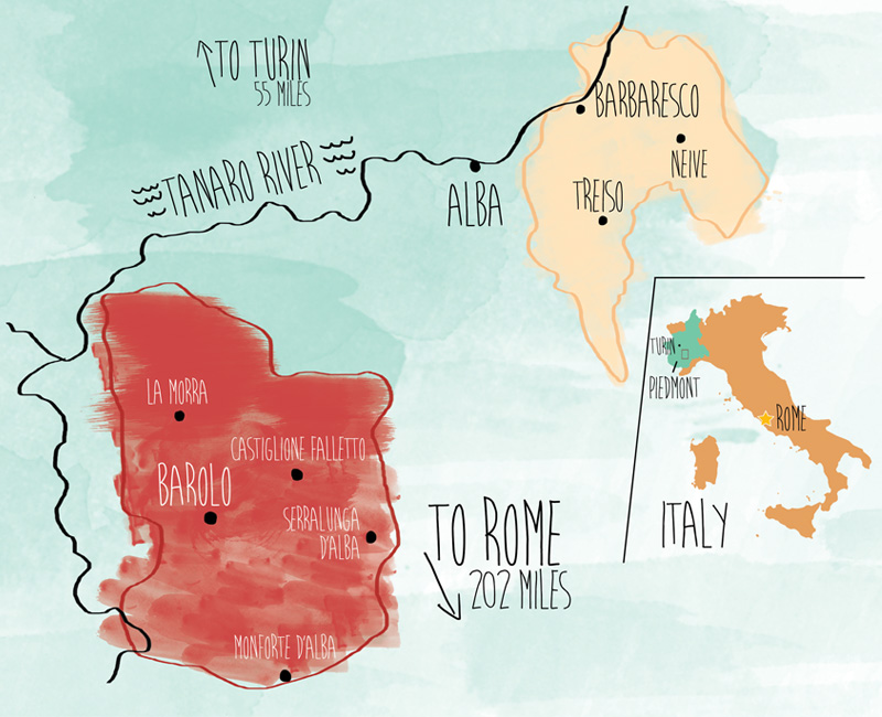 map of Barolo and Barbaresco region in Italy. illustration by Vivian Ho.