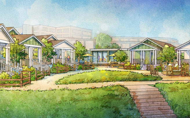 A rendering of the Habitat Wildfire Cottages.