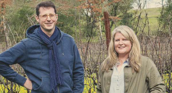 An aerial view of Flowers’ Camp Meeting Ridge vineyard; Jeremy Seysses consults with Chantal Forthun on the wines at Flowers.