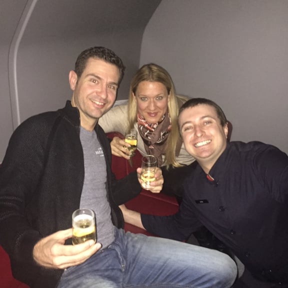 Paul Coker and Sarah Clarke with James, the Qantas inflight sommelier