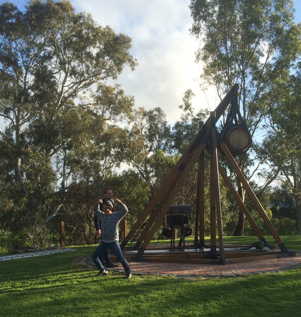 Michael and Josiah (in the grey hoodie, flexing in front of the catapult)